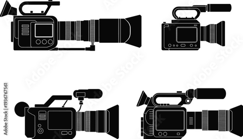 Professional video camera camcorder silhouettes collection isolated on white background, filmmaking equipment icons set for media production, broadcasting, videography, technology design illustration
