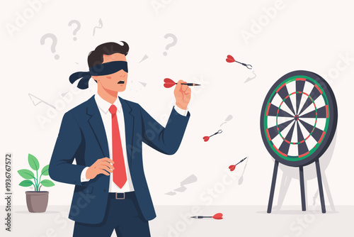 Blindfolded Businessman Throwing Darts at a Target Missing the Goal Concept. Illustration of Unclear Business Vision, Leadership Failure, Strategic Mistake, and Lack of Direction in Corporate.