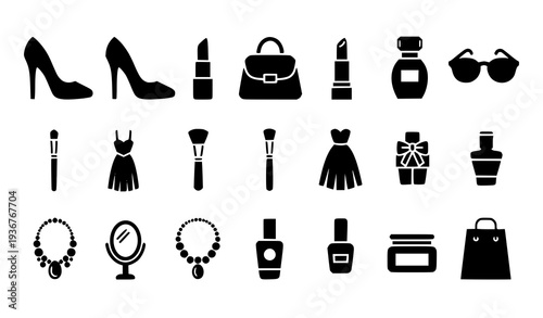 A set of black silhouette icons representing various fashion and beauty items