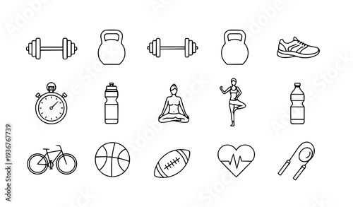 A set of fitness icons including workout equipment and sports symbols