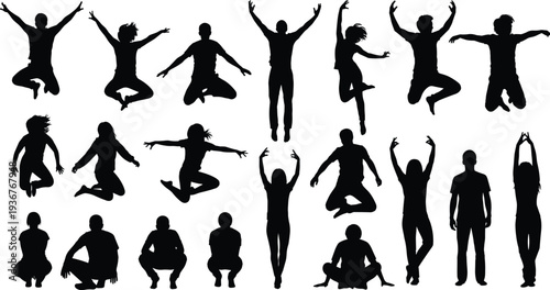 People jumping and squatting silhouette collection, men and women in different dynamic poses, human action movement set for fitness, dance and character design