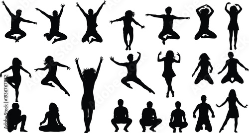 People jumping silhouettes collection showing men and women in energetic jump poses, celebration, dance and happiness expressions isolated illustration set