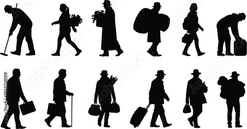People walking silhouettes collection showing workers, travelers and migrants carrying bags, tools and luggage, human movement and daily activity isolated illustration