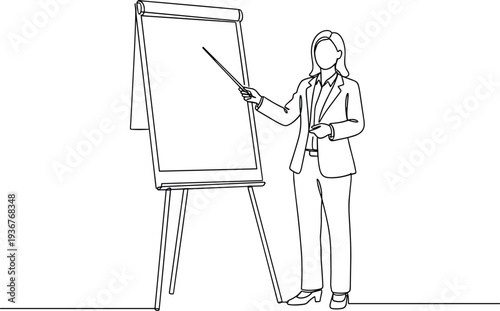 Continuous one line drawing of a professional businesswoman pointing at a blank flip chart during a corporate office presentation or seminar.