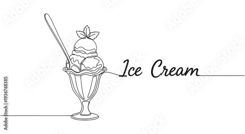 A single continuous black line elegantly forms a delicious ice cream sundae with three scoops, a spoon, and mint leaves in a glass cup, flowing seamlessly into the cursive words 'Ice Cream' on a page