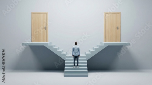Man standing at crossroads with two doors, symbolizing choice and decision