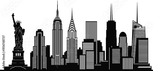 New York City skyline silhouette with Statue of Liberty Empire State Building Manhattan skyscrapers vector illustration cityscape