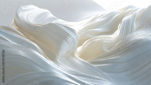 Ethereal white fabric folds with soft shadows and delicate highlights creating dreamy atmosphere for premium branding or luxury textile displays featuring organic shapes and flowing silk motion