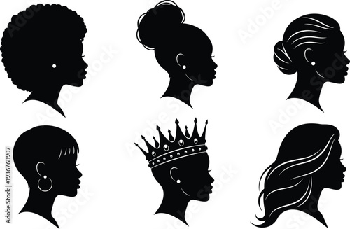African woman profile silhouettes collection with different hairstyles and queen crown black female avatar vector illustration set