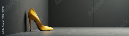 Yellow high heeled shoe leaning against a wall in a room