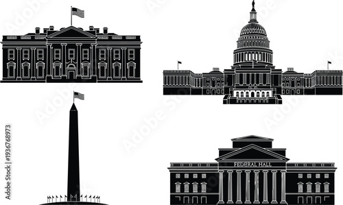 United States landmark silhouettes collection featuring White House, Capitol Building, Washington Monument and Federal Hall, iconic American government architecture and national historic 