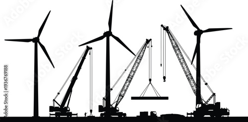 Wind turbine installation with cranes silhouette, renewable energy construction site building wind power generators, sustainable electricity infrastructure engineering industry vector illustration