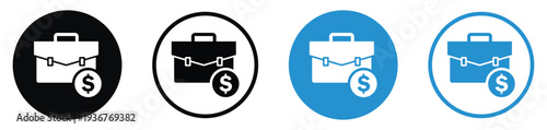 Business briefcase with a dollar coin symbol. Represents salary, investment portfolio, commercial profit, project budget, or financial services. Professional vector set in various colors.