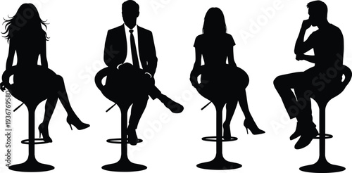 Black silhouette collection of professional men and women sitting on modern bar stools for corporate networking and social office lounge.