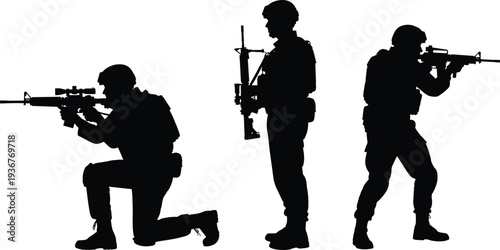 Military soldier silhouettes aiming rifles tactical army troops in combat stance armed forces vector illustration isolated on white