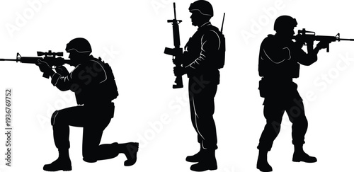Military soldier silhouettes aiming rifles tactical army troops in combat positions armed forces vector illustration isolated set