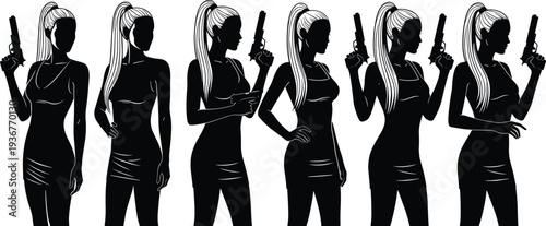 Female spy agent silhouettes with pistols secret service women characters armed security girls vector illustration isolated collection design