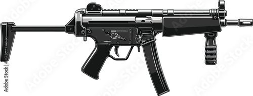 Black silhouette tactical submachine gun with vertical foregrip compact automatic firearm isolated modern military weapon vector illustration designBlack 