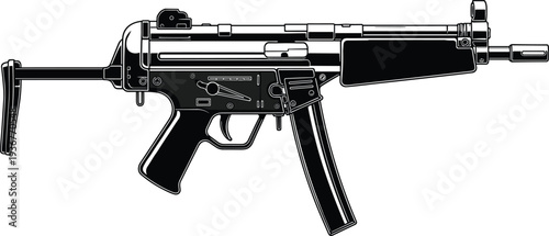 Black silhouette compact submachine gun vector illustration modern tactical firearm isolated automatic weapon military security equipment design