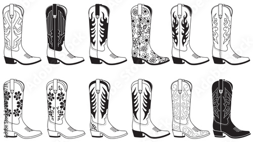Cowboy boots collection with diverse designs including floral patterns, flame motifs, and intricate stitching details.