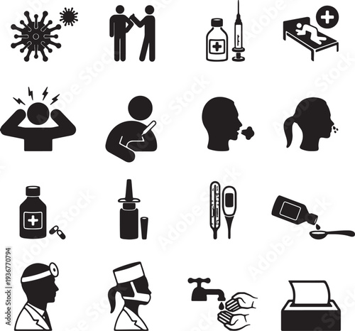 Illustrations depicting covid 19 symptoms vaccination and healthcare provisions