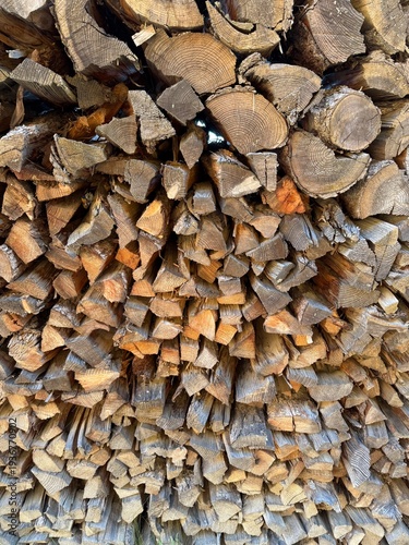stacked firewood in front of a biomass power plant - texture