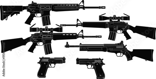 Black silhouette set of modern rifles pistols and shotgun isolated tactical firearm collection military weapon vector illustration for security catalog
