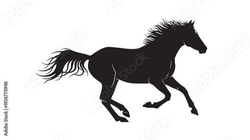 Horse galloping silhouette with flowing mane and tail captured in a dynamic black and white illustration, evoking speed and freedom.