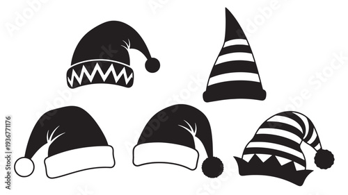 Hats collection with Santa and elf styles, rendered in silhouette for festive and holiday themes. featuring hat, christmas hat, winter hat with black