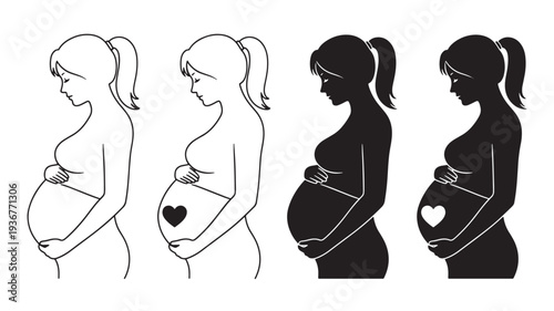 Pregnant woman silhouettes with and without heart symbol on belly, presented in line art and solid black styles