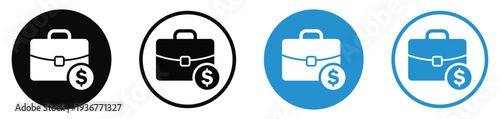 Business briefcase with a dollar coin symbol. Represents salary, investment portfolio, commercial profit, project budget, or financial services. Professional vector set in various colors.