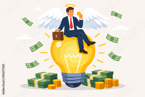 Angel Investor Businessman with Wings and Halo Sitting on a Glowing Lightbulb Surrounded by Money Banknotes and Coins, Concept of Startup Seed Funding, Venture Capital and Financial Support