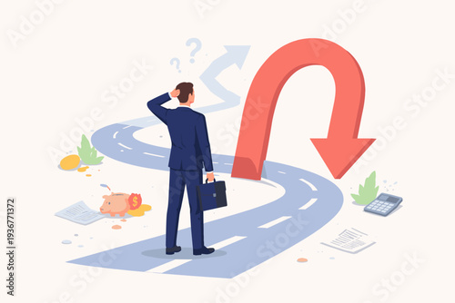 Businessman Standing on Road Facing Large Red U-Turn Arrow, Representing Financial Reversal, Economic Downturn, Market Change, Business Strategy Pivot, and Uncertainty in Investment Decisions.