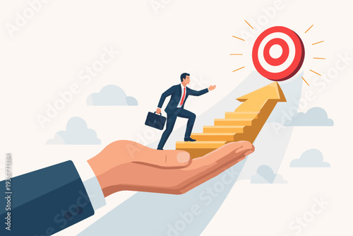 Businessman climbing stairs held by a giant hand towards a target, symbolizing business support, professional mentorship, career growth, corporate guidance, and achieving success goals.