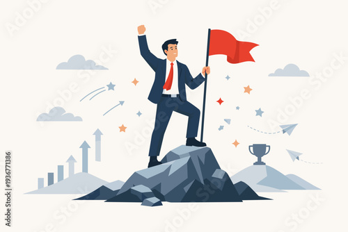 Businessman Standing on Top of Mountain Peak Holding Red Flag Celebrating Success and Achievement, Concept of Leadership, Career Growth, Mission Accomplished, Victory, and Reaching Business Goals