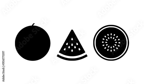 Watermelon silhouette vector set with whole fruit slice and half cut black icon collection isolated on white