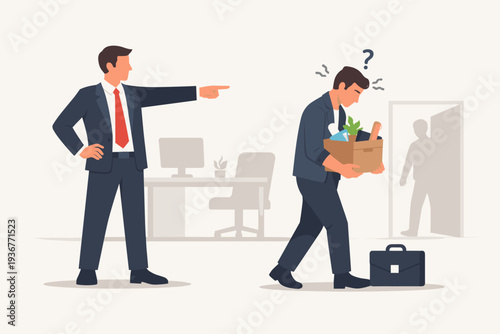 Boss Dismissing Employee from Work. Sad Man Carrying Cardboard Box with Office Supplies After Being Fired. Concept of Job Layoff, Staff Reduction, Career Failure, and Unemployment Crisis.