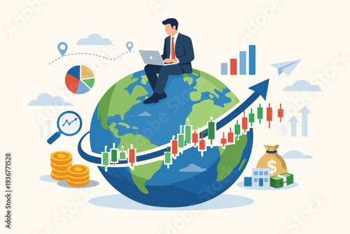 Global stock market investment and financial analysis concept with businessman sitting on globe using laptop for international trading, earning growth, economic data charts and candlestick graphs.