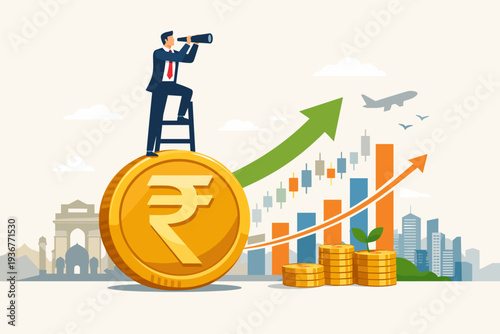 Indian Economic Growth Concept with Businessman Looking Through Telescope on Rupee Coin, Stock Market Charts, Upward Arrows, and India Gate Background for Financial Vision and Investment Success.