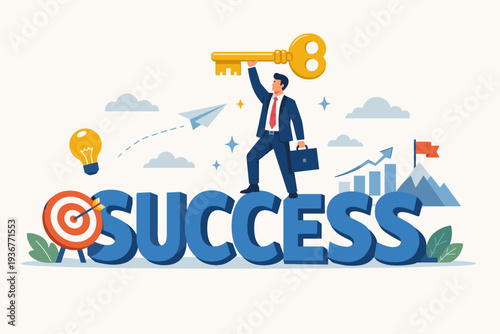 Businessman Holding Golden Key Standing on Big Word Success, Concept of Achievement, Leadership, Career Growth, Goal Setting, and Business Strategy with Target, Lightbulb, and Growth Chart