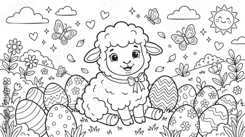 Easter Coloring Page with Cute Cartoon Lamb and Decorated Eggs