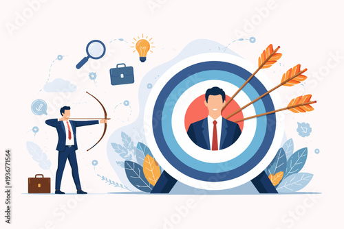 Business Marketing Target Audience for Advertising, Headhunter for Job Recruitment and Career, Targeting Customers, Goal Achievement, and Success Strategy with Archer Businessman Illustration.