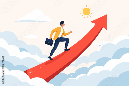 Businessman in a yellow jacket climbing a giant red upward arrow through white clouds towards the sun, representing career growth, success, motivation, aspiration, and business progress concept.