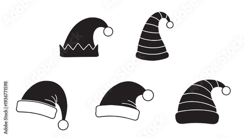 Hats elf icons with pom-poms and striped patterns, collection of five black silhouette drawings featuring accessories, apparel, headwear with symbols