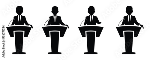 Business professionals presenting at podiums in a formal setting