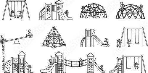 Black and White Line Art Vector Set of Children Playing on Playground Equipment Including Swings Slides Seesaws and Climbing Frames
