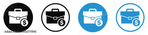 Business briefcase with a dollar coin symbol. Represents salary, investment portfolio, commercial profit, project budget, or financial services. Professional vector set in various colors.