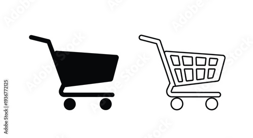 Set of 2 Shopping Cart Icons Vector: Solid Black and Outline Style for E-commerce, Retail, and Online Store Web Design