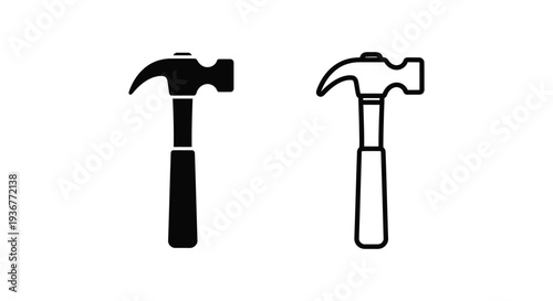 Set of 2 Black Hammer Icons Vector: Solid and Outline Styles for Construction, Repair, and DIY Projects