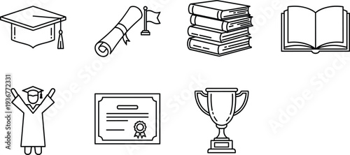 Education and Graduation Vector Line Art Icon Set Featuring Mortarboard Diploma Books Trophy and Student Celebrating Academic Success and Achievement
